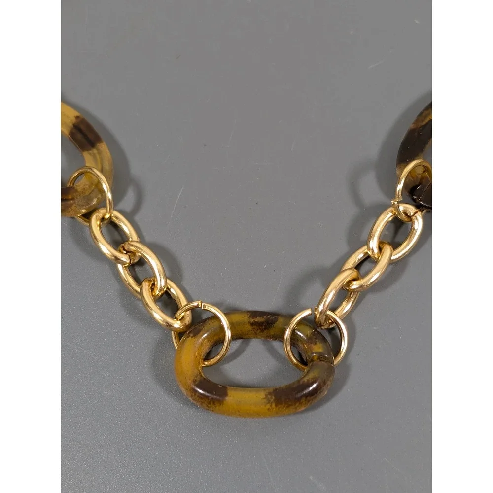 Gold‎ Tone Faux Tortoise Oval Link Necklace Retro Chain Layering 17.5in